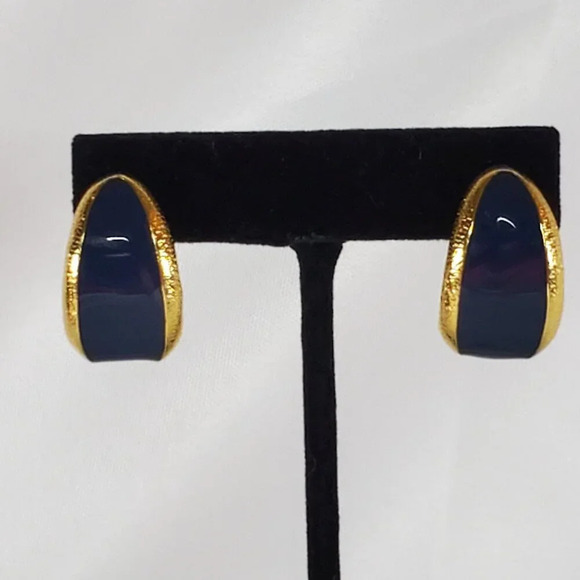 Vintage Anne Kline Gold Tone  & Navy Enamel Prong Earrings singed AK - Picture 9 of 10
